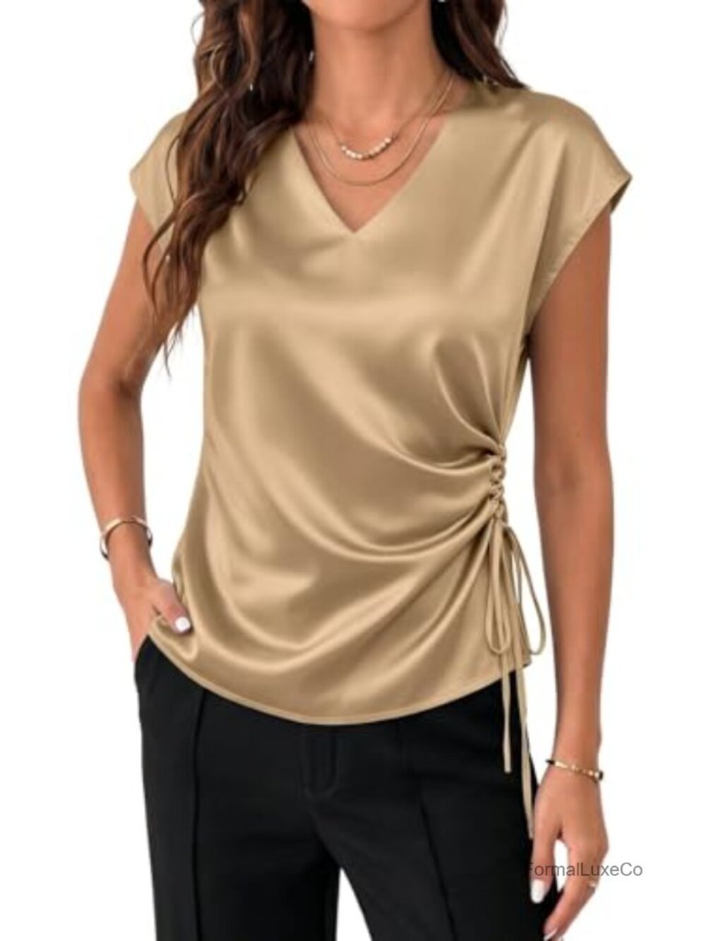 Satin V-Neck Cap Sleeve Pleated Blouse Side Tie Ruched Work Top